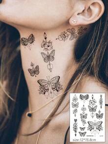 STARTTOOS 2 件/3 件/4 件黑白蕾丝指甲花、蝴蝶、新月和流苏图案临时防水人体艺术纹身贴纸，适合日常、派对、节日礼物、手腕、肩膀、颈部、锁骨 - 黑色 - 查看 5