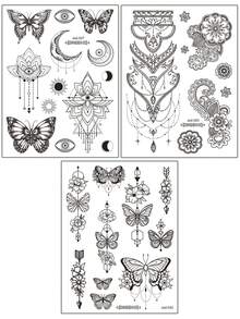 STARTTOOS 2 件/3 件/4 件黑白蕾丝指甲花、蝴蝶、新月和流苏图案临时防水人体艺术纹身贴纸，适合日常、派对、节日礼物、手腕、肩膀、颈部、锁骨 - 黑色 - 查看 12
