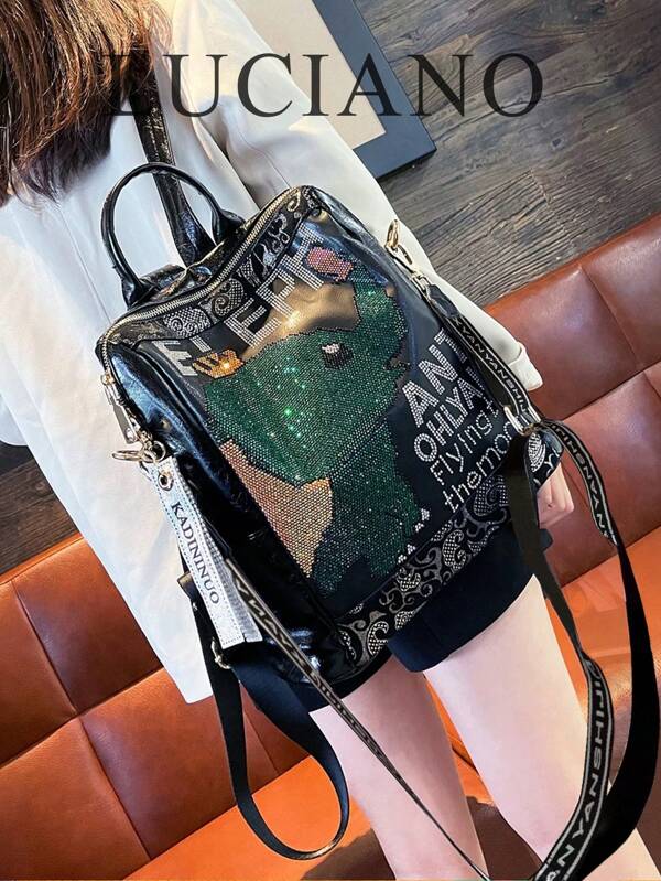 Mochila feminina, Mochila masculina, Mochila para casal, Preta, Mochila personalizada com cravejado de diamantes, Mochila estilo universitário para a volta às aulas, Mochila de desenho animado, Design com letras impressas com cravejado de diamantes, Mochila feminina, Bolsa de ombro única, Bolsa de mão, Bolsa transversal, Alça de ombro ajustável e removível, Adequada para meninas personalizadas, Estudantes, Versátil o ano todo, Pode ser usada para deslocamento diário, Viagens de férias, Escola (Grande)