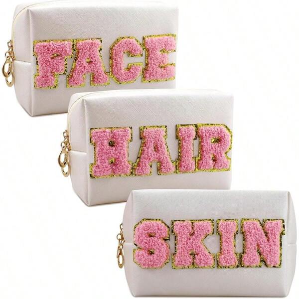 Chenille Letter Patch Makeup Bag, Preppy Cosmetic Bag PU Leather Skincare Bag With Zipper, Toiletry Bag Waterproof Travel Organizer Bag For Women Face Hair Skin Makeup Bag 3 Pcs
