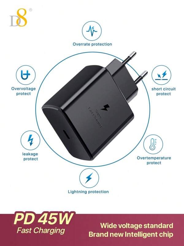 D8 1pc USB-C Wall Charger 45 Watt Super Fast Charger Type C Wall Charging Block With Compatible With IPhone 16 15/15 Pro Max/14 /13 /12/ Pro Max Mini 11/ Air 2023/IPad Pro 2023, IPad Air 5, S Amsung Galaxy Pixel Air/Pro, IPad Charger Galaxy Series,Note 45W USB-C Wall Charger With Fast Charging