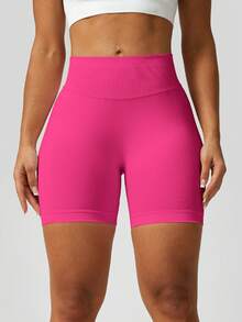 NcmRyu 1pc Solid Color Seamless Stretchy Shapewear Shorts Quick Dry Breathable Tight Shorts For Running Workout And Training Spring Summer Conjunto Deportivo Mujer - Màu Hồng Tươi - Xem 2