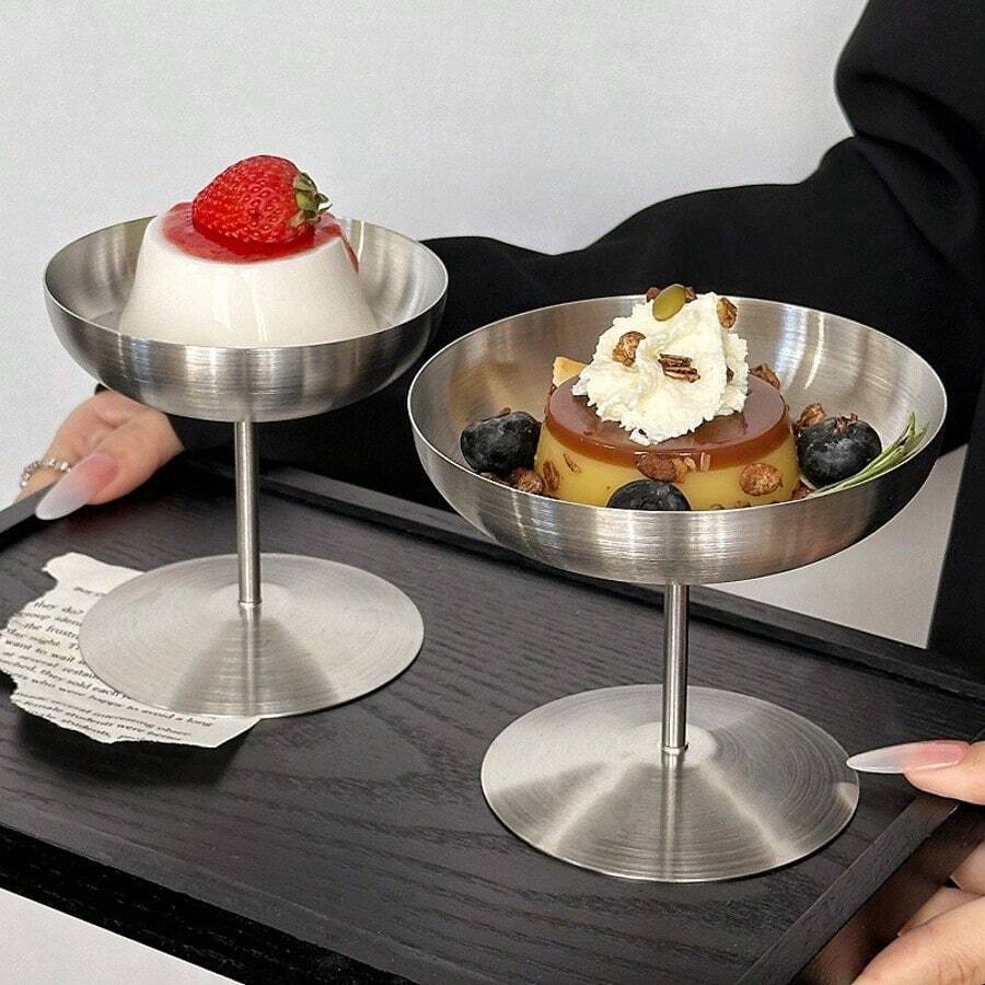 1 pieza Taza de acero inoxidable para helado, taza para servir postres, taza con pie para pudín, tazas para helado, tazas para salsa, taza para aperitivos y postres, vasos de acero inoxidable plateados