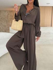 2件套女士休闲纯色前扣衬衫和宽松裤子套装 - 摩卡棕 - 查看 6