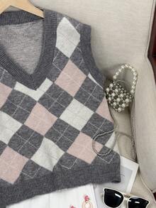 新款 V 领学院风多层针织背心，宽松毛衣背心，菱形图案休闲马甲