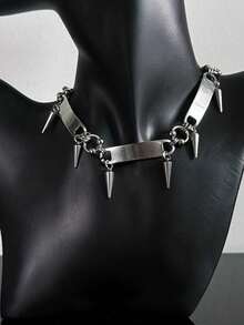 1 chiếc vòng cổ đinh tán bằng thép titan, vòng cổ choker kim loại phong cách punk unisex, phụ kiện hip-hop sang trọng, trang sức phong cách đường phố trung tính - Bạc - Xem 4