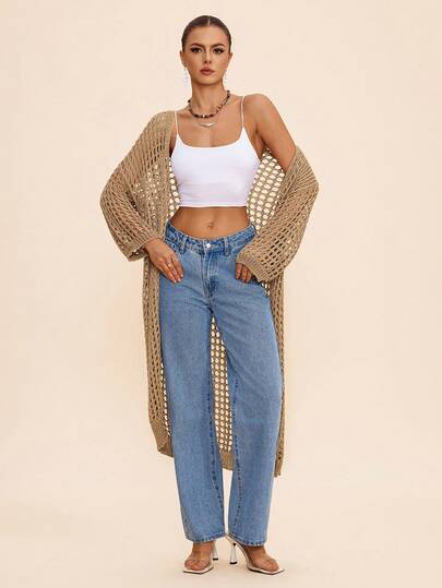 Women's New Khaki Drop Shoulder Three-Quarter Sleeve Loose Hollow Long Cardigan, Fashionable Casual Elegant Basic Minimalist Vacation Party Knit Top, Spring Summer Fall Winter