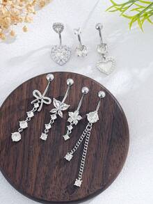 7 PCS Pink Butterfly, Flower, Heart Shaped Stainless Steel Navel Rings, Piercing Jewelry Suitable For Daily Wear - Belly ring - View 7