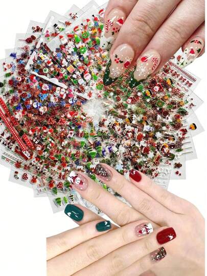 Ponad 1000 wzorów, 30 arkuszy, 3D, naklejki na paznokcie, samoprzylepne naklejki na paznokcie Kalolary 3D, Święty Mikołaj, płatek śniegu, bałwan, dzwonek choinkowy, patyczek, łoś, ozdoby na paznokcie (30 arkuszy)