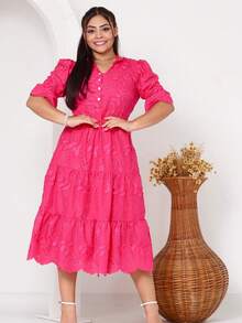 Women's Midi Dress With Embroidered Laise, All-Over Print, Embroidery, Button, Ruffle, Gathered, Formal And Evening - Pink 3d - View 2