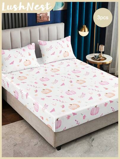 3pcs Pink Polyester Halloween Pumpkin & Bat Pattern Bedding Set
