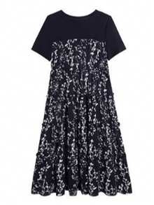 Fake dos piezas versión coreana del vestido floral de verano de moda femenina suelta empalme delgado en la sección larga de manga corta pequeño vestido negro sub - Negro - Ver 10