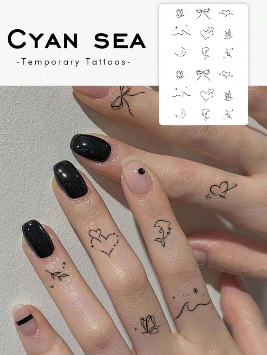 1 miếng dán hình xăm tạm thời hình chim, bướm, mặt trăng và trái tim, hình xăm giả dùng một lần bằng PVC có thể giặt được, không thấm nước, không phản quang, thích hợp sử dụng hàng ngày - màu đen - Xem 1