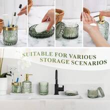Green Bathroom Accessories Set, 5 Pcs Glass Bathroom Accessories With Lotion Soap Dispenser, Soap Dish, Toothbrush Holder, Tumbler, Cotton Swab Jars, Perfect For Bathroom Theme Gift - màu xanh lá - Xem 7