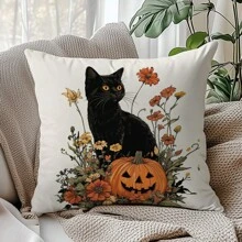 1pc Halloween Black Cat & Pumpkin Illustration Cushion Cover, Soft Peach Velvet Material, 45*45CM Pillow Case Suitable For Room Decor, Indoor Living Room Sofa Decor, Party Decoration, Decorative Pillow Cover Gift