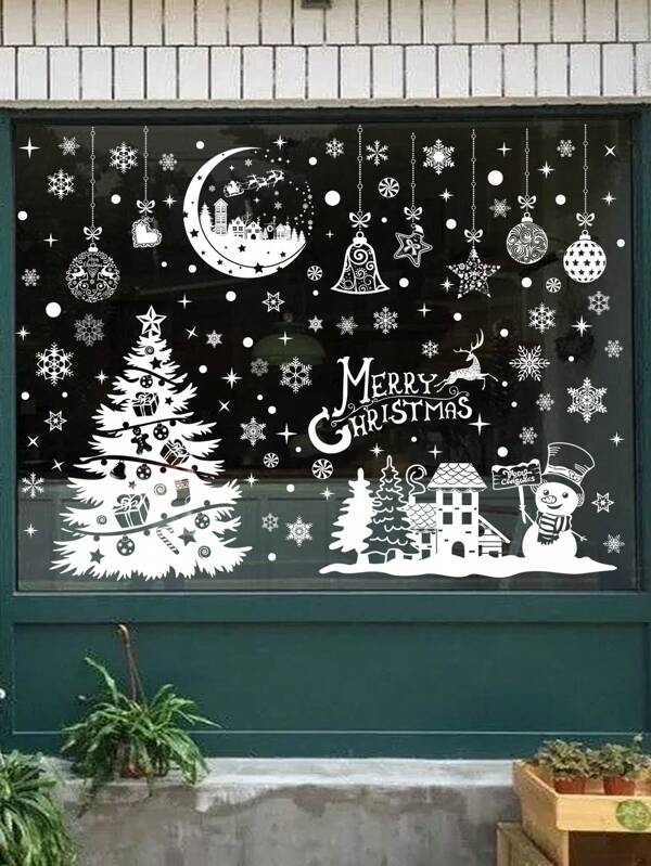9 pièces/set Autocollants de fenêtre d'arbre de Noël blanc et d'ornements, convient pour la décoration de la maison, de la fête, du bureau et du centre commercial