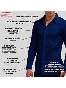 Camisa Social Masculina Manga Longa Slim Fit De Algodão Camiseta Masculina Social - Azul Marinho - Visão 2