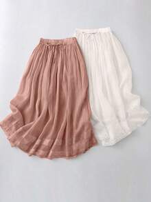 春夏休闲褶皱 A 字裙，松紧腰双层轻盈波西米亚刺绣蕾丝拼布长裙，优雅度假 Fairycore 双层衬里裙，商务休闲女装，婚礼宾客裙 - 杏色 - 查看 1