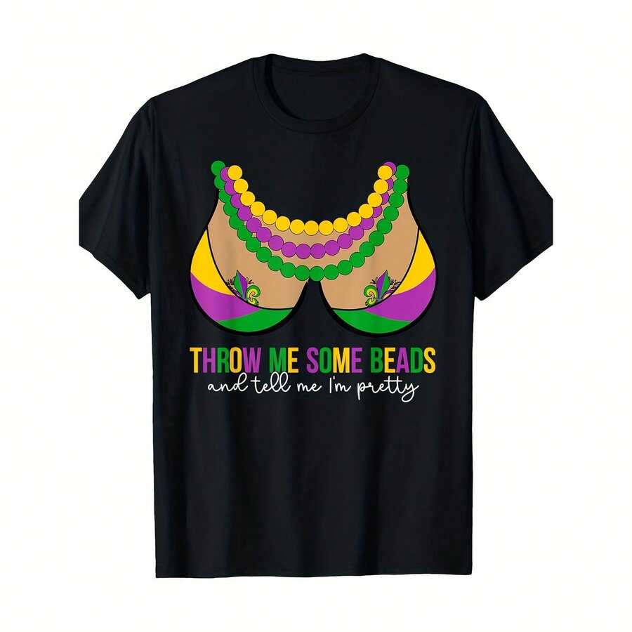 Mardi Gras 'Throw Me Some Beads' Graphic Tee - Comfortable Cotton, Crew Neck, Casual Fashion T-Shirt For Men - màu đen - Xem 1