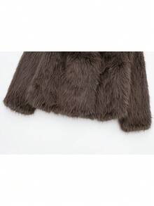 SHIBASHAN 女士冬季时尚仿皮草夹克带口袋长袖翻领毛绒外套时尚厚实保暖外套 - 深棕色 - 查看 11