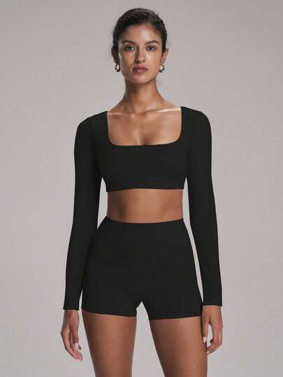 FWH 时尚瑜伽、户外、跑步、约会、通勤百搭多功能弹力性感街头休闲舒适校园青春长袖上衣，配有可拆卸胸垫和褶皱臀部设计，显瘦提臀美腿，优雅简约两件套运动服，女款