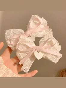 1件/2件/4件套白色茶蕾丝白色蝴蝶结发夹，洛丽塔侧夹鳄鱼夹，女士爪夹，发爪，发夹，发卡，可爱配饰，头部配饰，发卡 - 粉色 - 查看 3