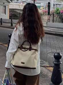 返校背包，小众设计休闲大容量托特包，手提和肩带，学生通勤日常包，女士 - 杏色 - 查看 4