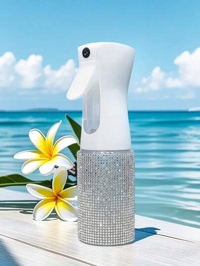 Frasco spray criativo de 200ml com névoa fina contínua, bico cravejado de strass, estilo luxuoso e brilhante, totalmente cravejado de strass, formato cilíndrico minimalista, ideal para beleza, limpeza doméstica, salão de cabeleireiro, desinfecção, rega de plantas e outras aplicações.