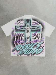 [Y2K Visual Personality Impact T-Shirt] "Fossils Studio" * Personality Patterns (Side Faces Of Characters, Star Elements, Crosses), Retro Craftsmanship, Pure Cotton Tailoring, Y2K Street Style Showing, With "Personality Attitude" As The Core, Interpreting The  Attitude. - 白色 - 查看 2