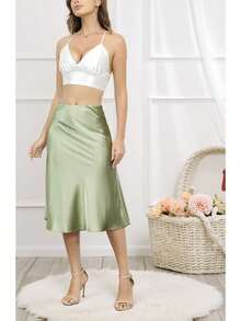 High Waist Satin Midi Skirt With Elastic Waistband – Flared A-Line Stretchy Silk Skirt For Wedding, Party, Date, Office Wear | Plus Size Women's Comfort Fit 1212 - Light Green - 查看 5