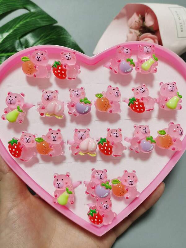 (Without Box)10pcs Cartoon Bear Fruit Resin Rings Kid Ring Children Party Gifts Birthday Girls Jewelry Random Send