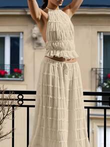 2-Piece Chiffon Ruffled Lace Trim Spaghetti Strap Backless Maxi Dress Set, Romantic Elegant Outfit Suitable For Carnival Party, Party, Gothic Style, Wedding, Spring/Summer 2026, Wedding Season, Music Festival, Back To School Season - Beige - View 3