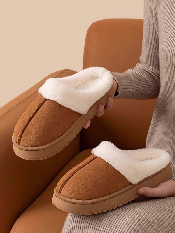 Women's Cozy Plush Slippers, Thermal Lined, Anti-Slip Thick Sole, Suitable For Indoor/Outdoor Use, Fashionable Casual Solid Color House Shoes