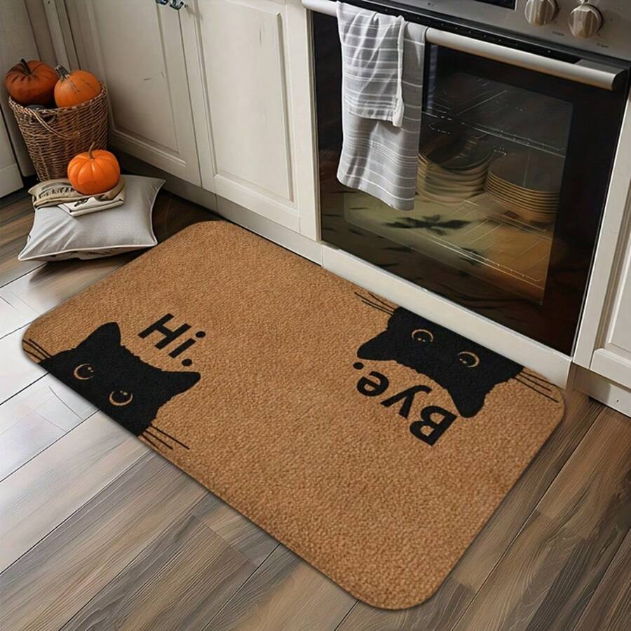 1 Cute Cat-Patterned Doormat - Double-Sided "Goodbye" And "Hello!" Welcome Floor Mat, Durable 100% Polyester Machine Washable, Suitable For Both Indoor And Outdoor Use, Perfect For Entrance, Living Room And Kitchen Decoration. Decorative Door Mat, Textured Surface Mat, Cat Theme - 彩色 - 查看 1