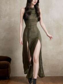 Women's Wasteland Style Hooded Dress - Split Tie Slim Fit, American Hot Girl Style Street Photo Cos Shoot Slim Midi Dress - 軍綠色 - 查看 1