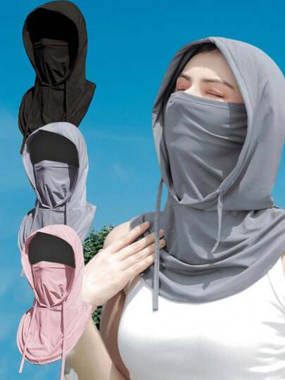 1/2 件男女通用冰丝遮阳拉法帽 - 骑行防紫外线全脸罩 - 透气、无缝、可调节颈围围巾，带抽绳，户外摩托车骑行钓鱼头饰帽子，带挂耳，女士防晒面罩，男士骑行风帽