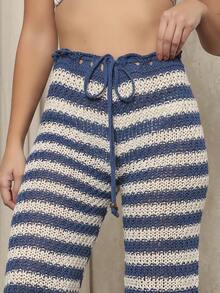 Women's Beach Cover-Up Pants, Crochet, Striped, Knitting, Summer Fashion - Blue - View 1