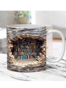 1pc, Book Shelf Coffee Mug, Ceramic Coffee Cups, Bookshelf Break Through Water Cups, Summer Winter Drinkware, Gifts Back To School - Khaki - View 19