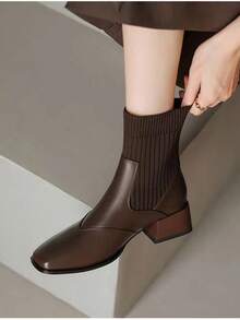 2025 Spring/Autumn New Arrival Elastic Sock Boots, Flat Heel Ankle Boots, British Style, Ankle Boots & Booties, Fall, Winter - Brown - View 2