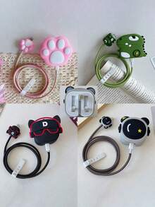 4 件套可爱有趣的保护壳，兼容 Apple 20W 快速充电器、防摔防断充电器盖和螺旋电缆保护器（猫爪/闪电恐龙/眼镜狗/宇航员图案，不含充电器头和电缆）Nan 充电器配件 手机配件