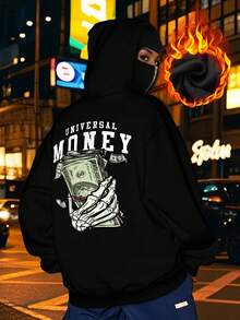 女款秋季开学双连帽骷髅手拿硬币字母图案印花开衫卫衣女士时尚街通用硬币印花双连帽开衫 - 黑色 - 查看 6