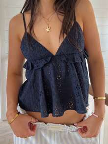 Women V Neck Camisole Hollowed Flower Spaghetti Strap Backless Ruffle Tops Summer Streetwear - 藏蓝色 - 查看 1