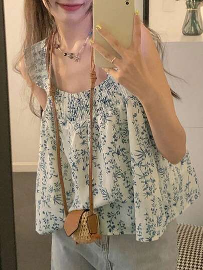 夏季新款休闲复古方领无袖碎花吊带背心女上衣