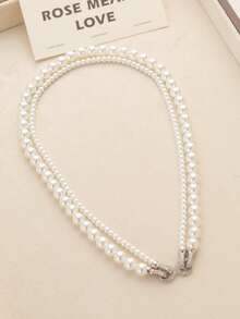1PC French Baroque Style Double Layers Wearing Irregular Double Layers Size Faux Pearls Beaded Cross Clasp Inlaid Synthetic Zirconia Copper Women's Necklace For Banquet Gift Gathering Party - Dây chuyền ngọc trai trắng đôi - Xem 2