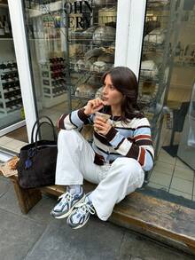 Senya 女款撞色条纹圆领长袖针织开衫，复古修身休闲毛衣上衣，日常通勤毕业返校针织夹克 - 彩色 - 查看 5