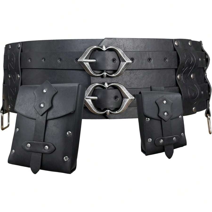 3 Pieces Of Mid-Century PU Leather Accessories Set, Renaissance Belt Bag, Vintage Viking Wide Belt For LARP Events. - A - View 1