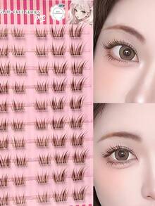 Asiteo 60/120/180 Pcs C Curl Brown Cartoon Self-Adhesive False Eyelashes, No Glue Needed, Soft & Natural, Suitable For Beginners, "Fox + Kitten" Design, Cute & Playful Yet Natural Cartoon Series Segmented False Eyelashes - C - 查看 3