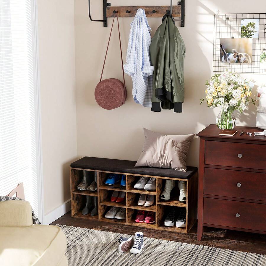 VASAGLE Banc à Chaussures, Banc de Rangement avec Coussin Rembourré, 10 Compartiments, Étagères Réglables, pour Salon, Couloir, 30 x 104 x 48 cm, Marron Rsutique et Marron