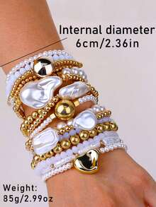 15Pcs Boho Fashionable Stackable Imitation Pearl Irregular Beaded Bracelet Set For Women On Vacation & Daily Wear ﻿ - White Gold - View 2