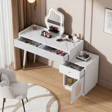 Dressing Table With LED Mirror, 2 Drawers And Flexible Cabinet, Stable, White - 白色 - 查看 2